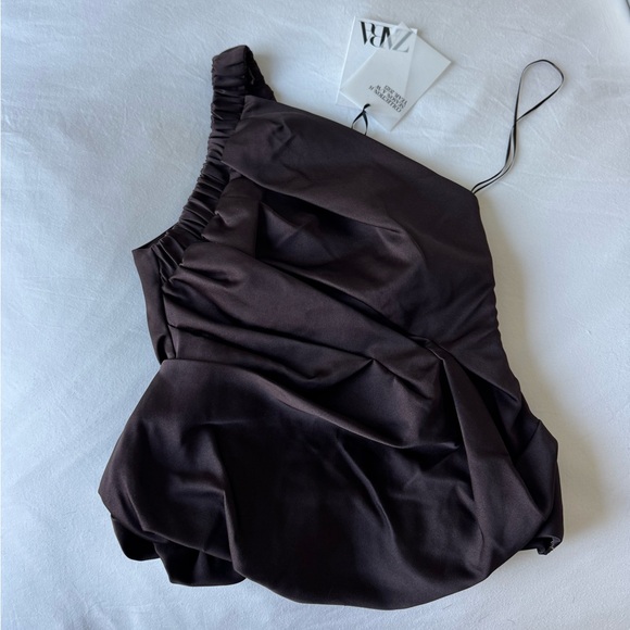 Zara One-Shoulder Dark Brown Asymmetric Top Limited Edition XS - Picture 2 of 4